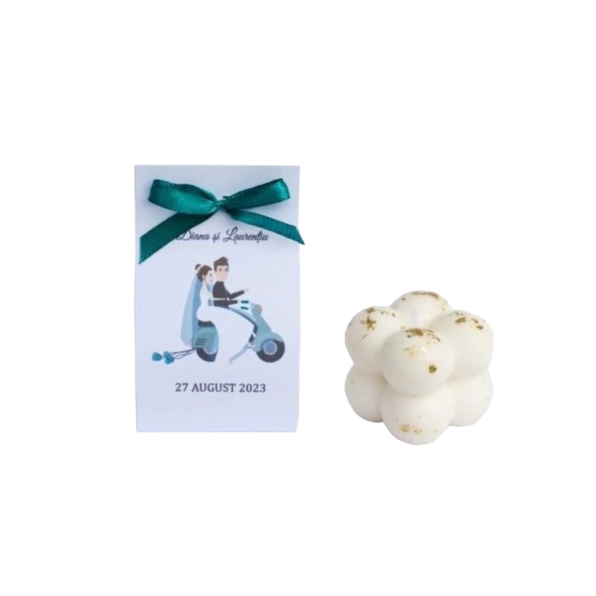 Mărturie nuntă/botez - Marturie nunta, lumanare Bubbles, auriu si ambalaj cartonat personalizat