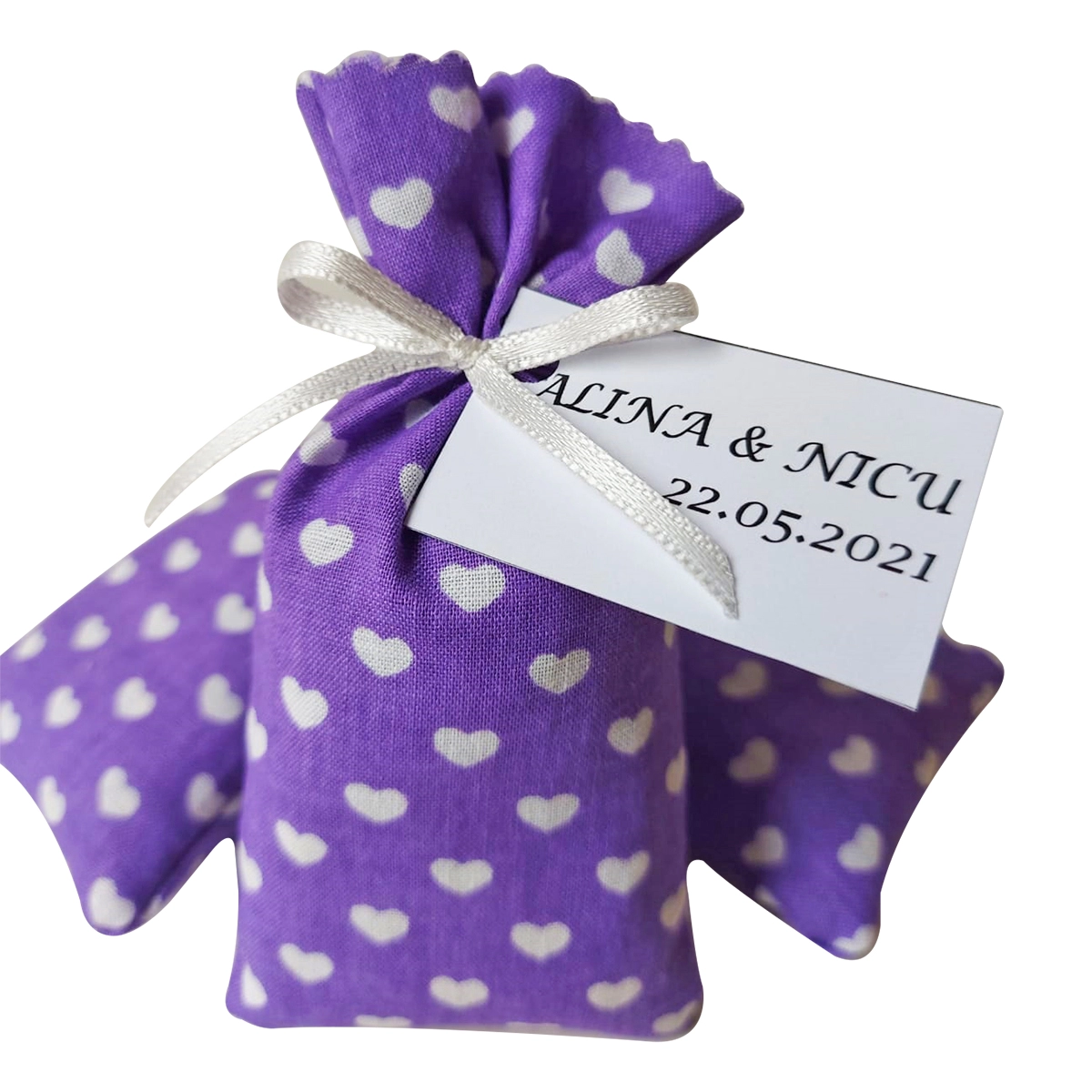 Saculeț cu lavandă - Marturie saculet de lavanda, culoare mov cu inimioare