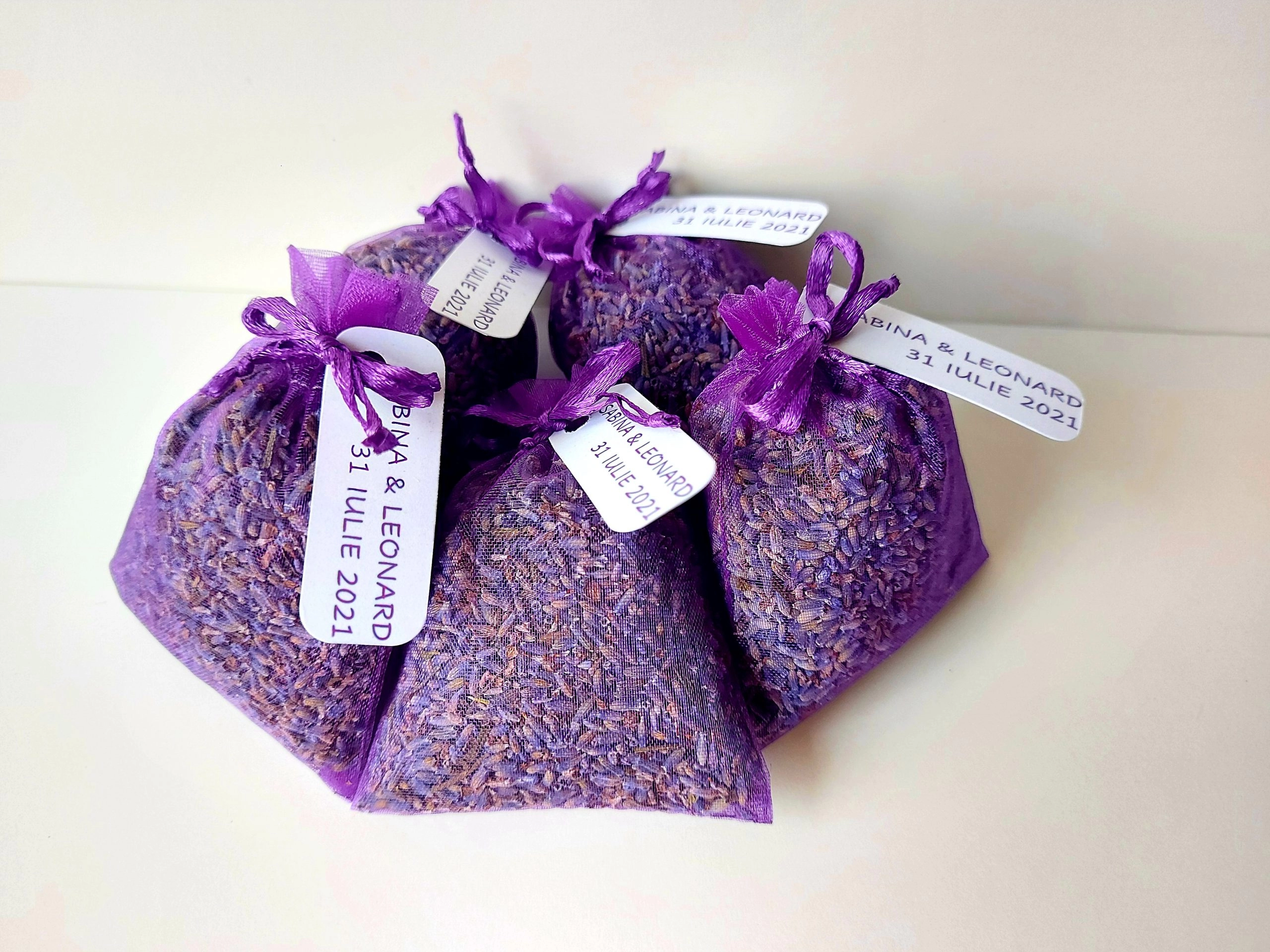 Saculeț cu lavandă - Marturie saculet organza cu lavanda, Mov, 7×9 cm