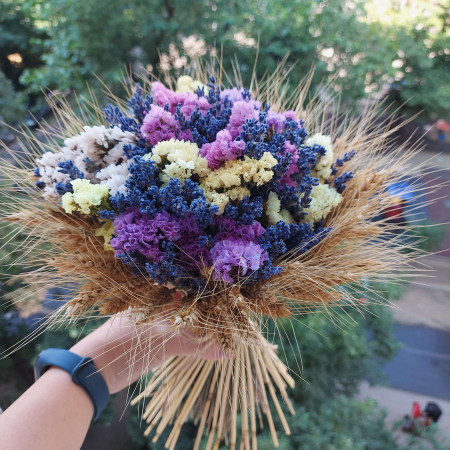 Set 2 lumanari nunta + buchet mireasa cu lavanda uscata, limonium colorant si grau [1]