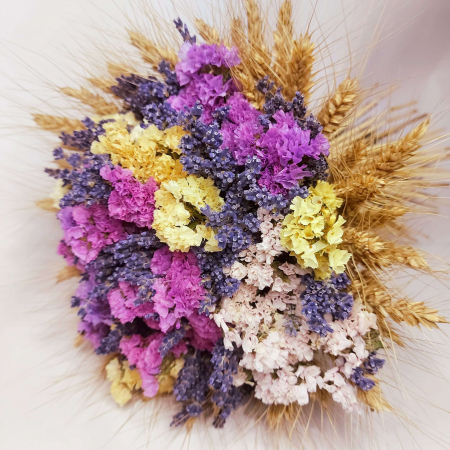 Set 2 lumanari nunta + buchet mireasa cu lavanda uscata, limonium colorant si grau [2]