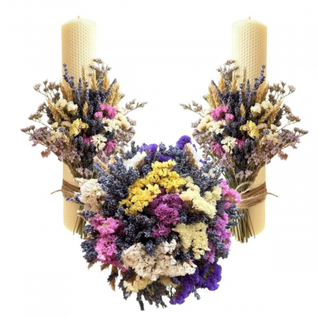 Pachet evenimente - Set 2 lumanari nunta + buchet mireasa cu lavanda uscata, limonium colorant si grau