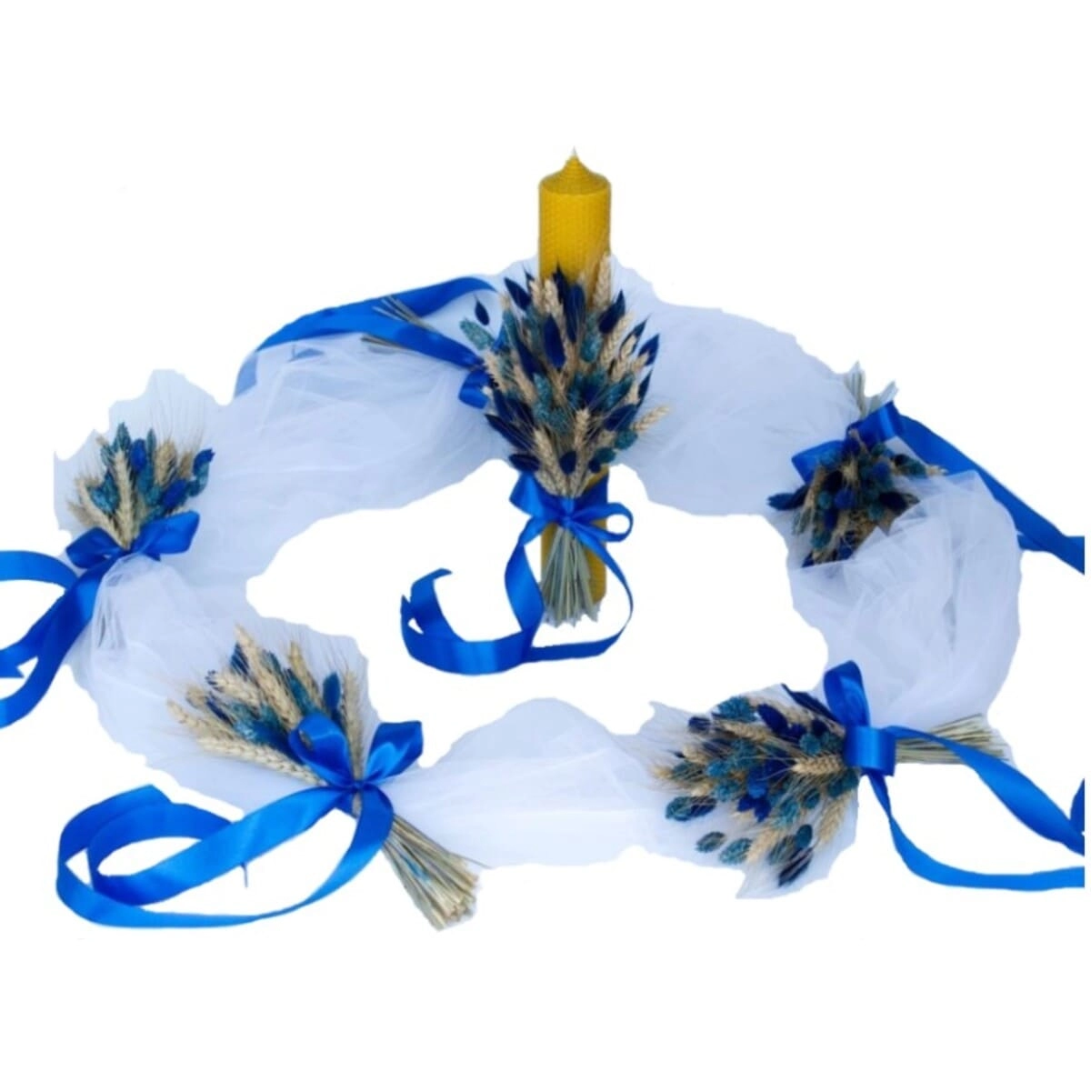 Produse din ceară - Set botez albastru- aranjament cristelnita si lumanare ceara de albine