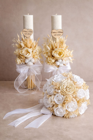 Evenimente - Set lumânari buchet mireasă culoare alb crem