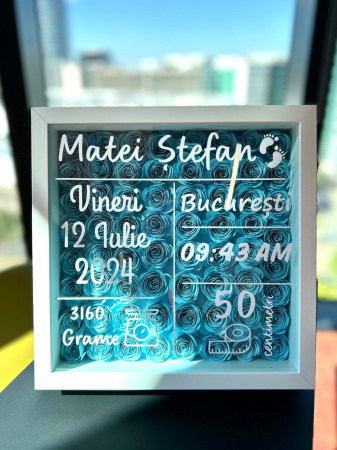 Mărturie nuntă/botez - Shadow Box pentru nou-născut – personalizat cu flori din hârtie și detalii de la naștere