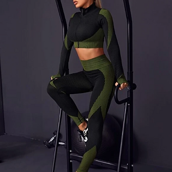 Set fitness modelator compresiv negru cu verde de antrenament cu talie inalta si push up [2]
