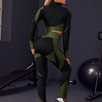 Set fitness modelator compresiv negru cu verde de antrenament cu talie inalta si push up [3]