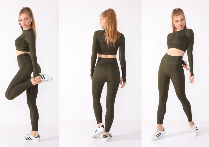 Set fitness compresiv kaki de antrenament fara cusaturi cu talie inalta [2]