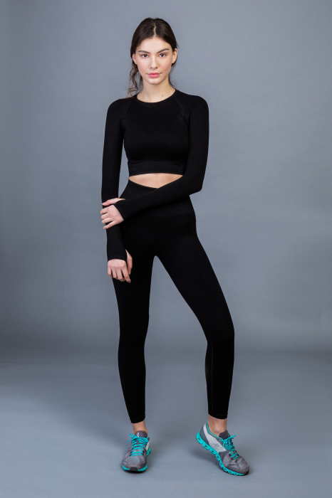 Set fitness compresiv negru de antrenament fara cusaturi cu talie inalta [3]