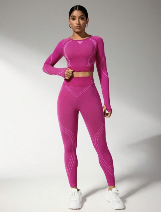 Set fitness modelator compresiv roz de antrenament fara cusaturi cu talie inalta si push up [2]
