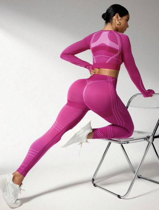 Set fitness modelator compresiv roz de antrenament fara cusaturi cu talie inalta si push up [3]