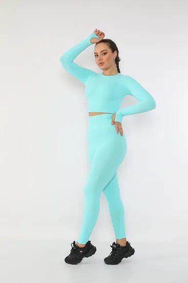 Set fitness compresiv albastru turcoaz de antrenament fara cusaturi cu talie inalta si bluza cu maneca lunga [2]