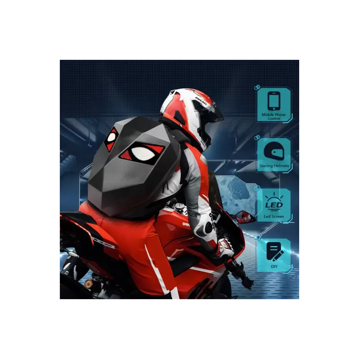 RUCSAC RIGID CU ECRAN LED SI BLUETOOTH - DEVIL EYES 36x18x48 cm - NEGRU - MOTOCICLETA / ATV / BICICLETA / TROTINETA [3]