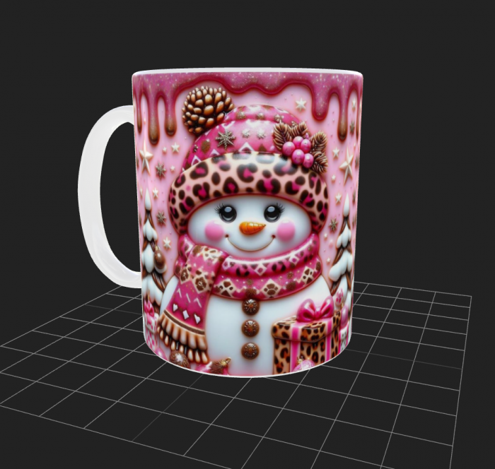 Cana de Craciun cu om de zapada cu caciula si fular Roz [2]