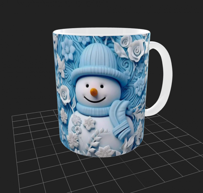 Cana de Craciun cu om de zapada cu palarie si flori albastre [1]