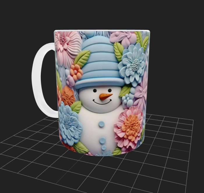 Cana de Craciun cu om de zapada cu palarie si flori albastre cu roz [2]