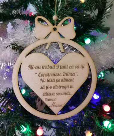 Articole de Crăciun - Glob cerc cu inima şi mesaj