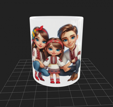 Diverse - Cană albă - Părinți cu fetiță in ținută populară