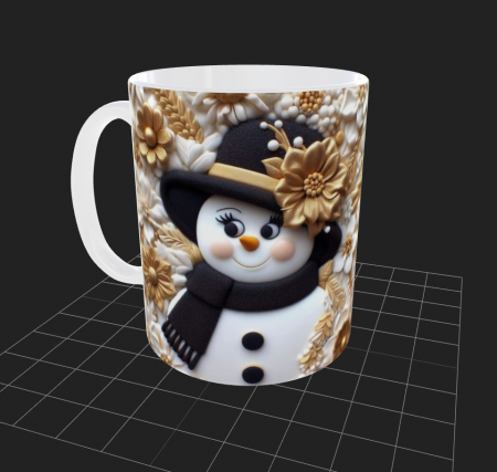 Cana de Craciun cu om de zapada cu palarie neagra si florii aurii [1]