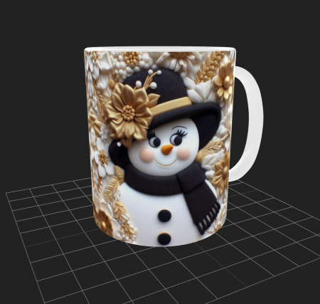 Articole de Crăciun - Cana de Craciun cu om de zapada cu palarie neagra si florii aurii