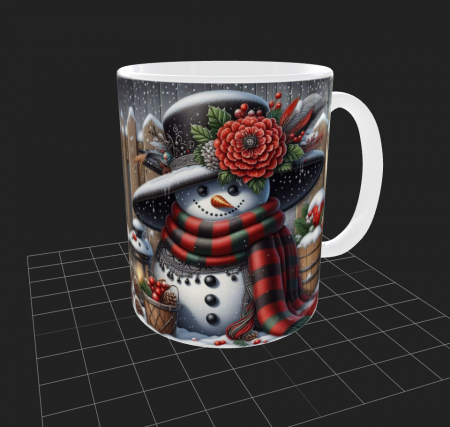 Articole de Crăciun - Cana de Craciun cu om de zapada cu palarie neagra si fular