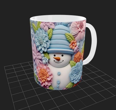 Articole de Crăciun - Cana de Craciun cu om de zapada cu palarie si flori albastre cu roz