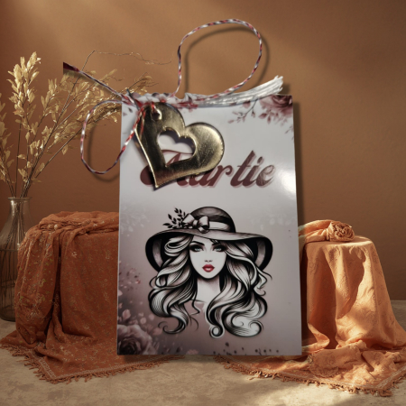 Mărţişor - Martisor inima cu decupaj plexiglas oglinda-  carton cap doamna cu palarie neagra