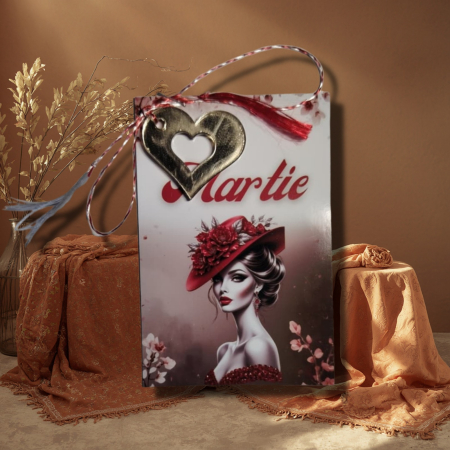 Mărţişor - Martisor inima cu decupaj plexiglas oglinda -  carton cap doamna cu palarie rosie