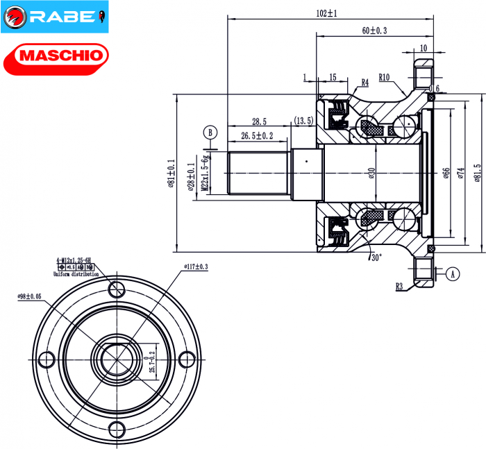 HammersMade HA0004 - Lagar butuc uz agricol pt. MASCHIO / RABE echivalent IL2-117-M22-D  AU28117A-01   HUA11-4M12-S01   BAA-0004 IL50-98/4T M22 [2]