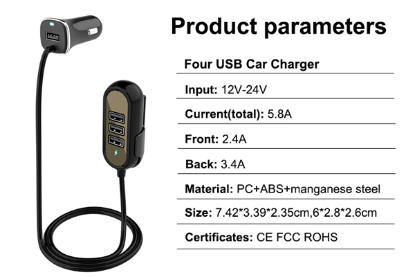 Incarcator Auto 4Xusb 5.8A (2.4A Fata Si 3.4A Spate) Cu Extensie 1.4M [7]