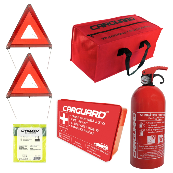 Kit siguranta auto – stingator 1 kg cu manometru + trusa + vesta + 2 triunghiuri [1]