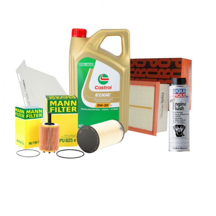 Pachet revizie CASTROL 5W-30 + filtre Mann/Purro + Flush pentru 1.9/2.0 TDI VAG [1]