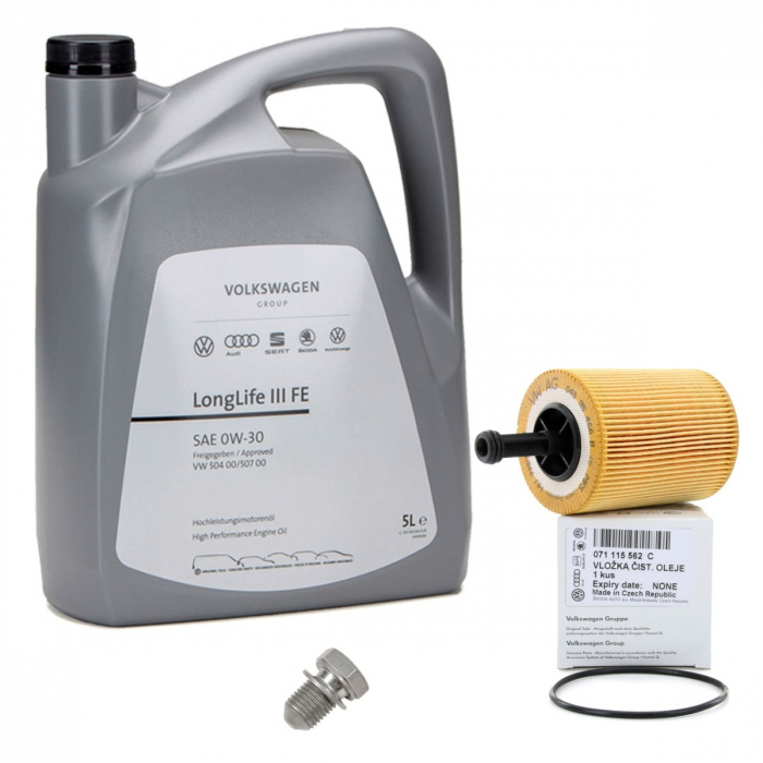Pachet Revizie Vag Ulei Oe Motor Volkswagen Longlife III 0W-30 5L GS55545M4EUR + Filtru Ulei Volkswagen 071115562C + Buson Golire Baie Ulei Oe Volkswagen N90813202 [1]