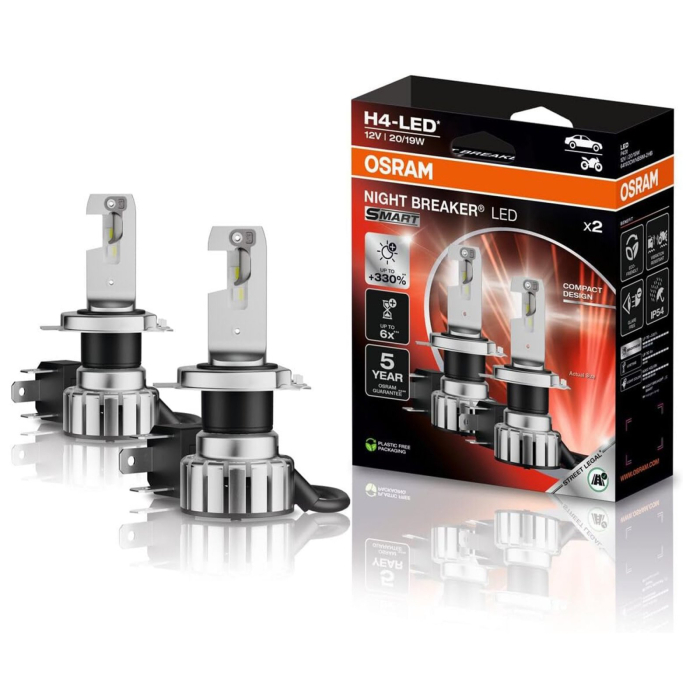 Set 2 H4 Osram Night Breaker Smart LED omologare RAR Street Legal +330% [1]