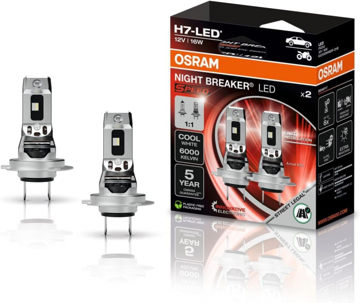 Set 2 H7 Osram Night Breaker Speed LED omologate RAR Street Legal +230% [1]