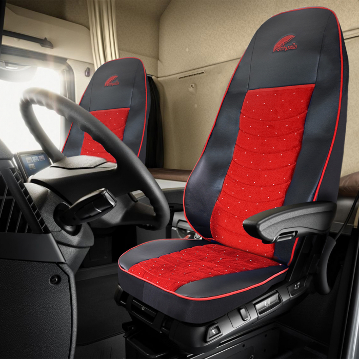Set Huse Scaun Truck Umbrella Pentru Scania Seria R 2006-2020 Piele Ecologica Neagra + Velvet Rosu [3]