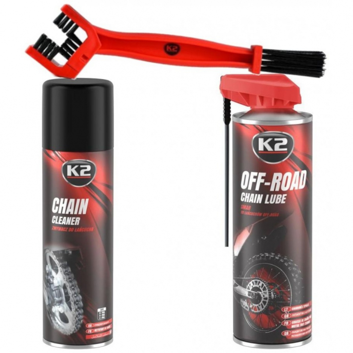 Set K2 Spray Curatat Lant Chain Cleaner 500ML W148NM + K2 Spray Lubrifiant Lant Chain Lube Off Road 500ML W140NM + K2 Perie Curatat Lant W612 [1]