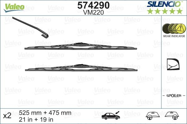 Set stergatoare parbriz VALEO SILENCIO CONVENTIONAL PERFORMANCE 574290, lungime 525 mm, 475 mm, forma convexa, cu spoiler [2]