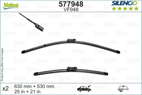 Set stergatoare parbriz VALEO SILENCIO FLAT BLADE SET 577948, lungime 630 mm, 530 mm, lama stergator lata, cu spoiler [2]
