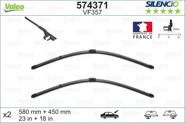 Set stergatoare parbriz VALEO SILENCIO X.TRM FLAT BLADE SET 574371, lungime 580 mm, 450 mm, lamela tip aeroblade, cu spoiler [2]