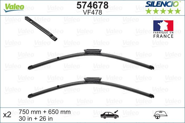 Set stergatoare parbriz VALEO SILENCIO X.TRM FLAT BLADE SET 574678, lungime 750 mm, 650 mm, fara carcasa, cu spoiler [2]