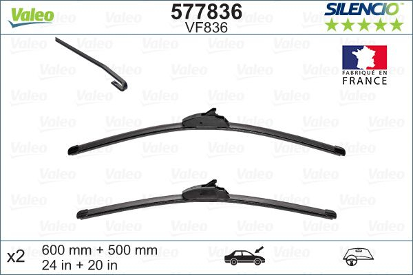 Set stergatoare parbriz VALEO SILENCIO X.TRM FLAT BLADE SET 577836, lungime 600 mm, 500 mm, fara carcasa, cu spoiler [2]