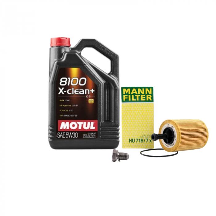 Set Ulei motor Motul 8100 X-Clean+ 5W30 5L + Filtru Ulei Mann Filter HU719/7X + Buson Golire Baie Ulei Oe N90813202 [1]