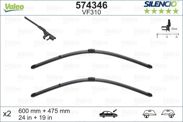 Set stergatoare parbriz VALEO SILENCIO X.TRM FLAT BLADE SET 574346, lungime 600 mm, 475 mm, fara carcasa, cu spoiler [2]