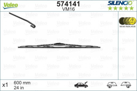 Lamela stergator parbriz VALEO SILENCIO CONVENTIONAL SINGLE 574141, lungime 600 mm, cu contact integrat avertizare uzura, standard [1]