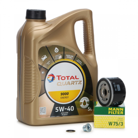 Pachete revizie - Pachet Revizie Ulei Motor Total Quartz 9000 Energy 5W-40 5L + Filtru Ulei Mann Filter Renault Scenic 1 1999-2010 W75/3 + Buson Golire Baie Ulei Fa1 518.471.001 + Garnitura Buson Golire Baie Ulei Fa1 5