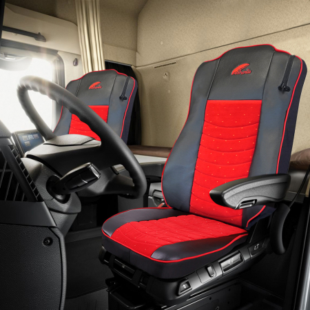 Set Huse Scaun Truck Umbrella Pentru Mercedes Mp5 Mp6 Euro 6 Piele Ecologica Neagra + Velvet Rosu [2]