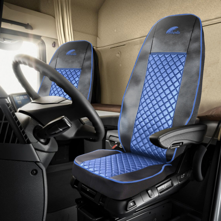 Set Huse Scaun Truck Umbrella Pentru Scania Seria R 2006-2020 Piele Ecologica - Negru+Albastru [1]