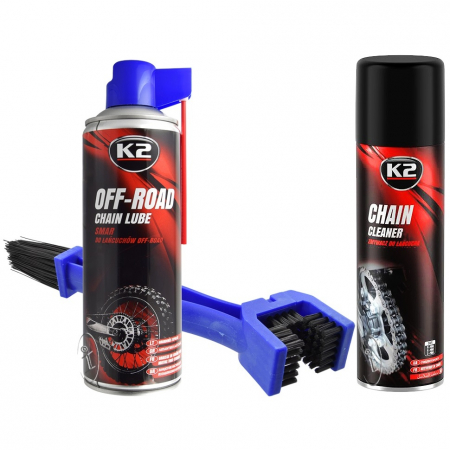 Curatare si intretinere lant moto - Set K2 Spray Curatat Lant Chain Cleaner 500ML W148NM + K2 Spray Lubrifiant Lant Chain Lube Off Road 500ML W140NM + Perie Curatat Lant Moto Gxm Albastru J6051370050