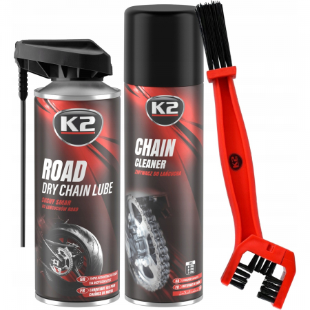 Curatare si intretinere lant moto - Set K2 Spray Curatat Lant Chain Cleaner 500ML W148 + K2 Spray Lubrifiant Lant Road Dry Chain Lube 400ML W143 + K2 Perie Curatat Lant W612